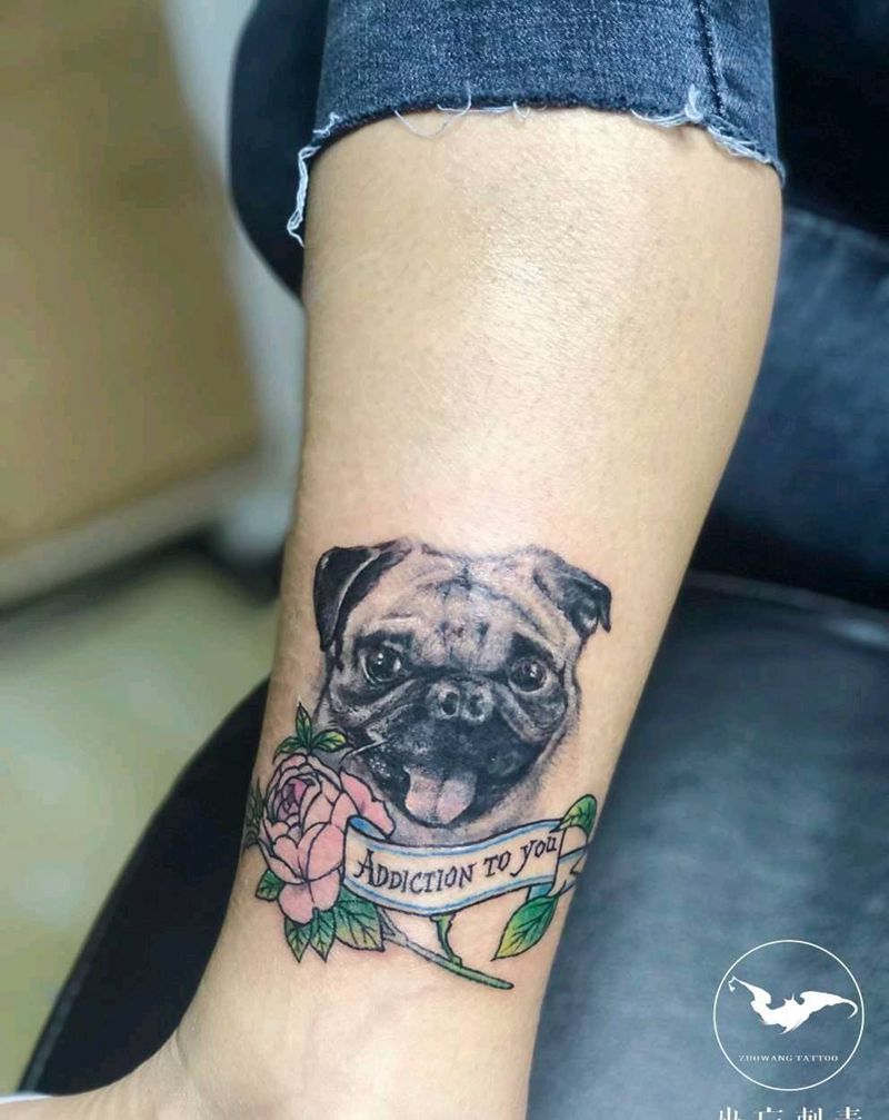 萌宠纹身图片_腿部欧美写实Old School纹身图案