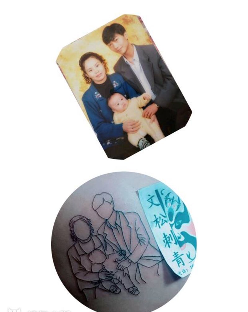 根据客人的要求，把自己家人照片纹身图片