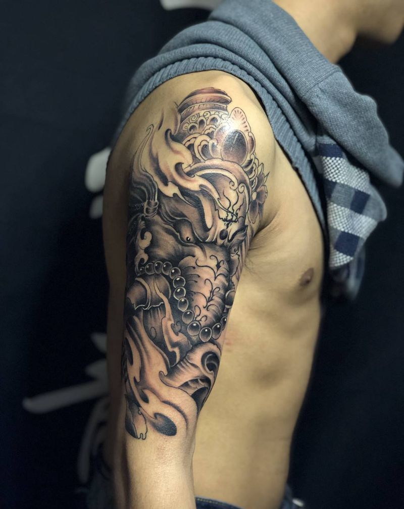 大臂象神纹身图片_肩部手臂新传统象神纹身图案