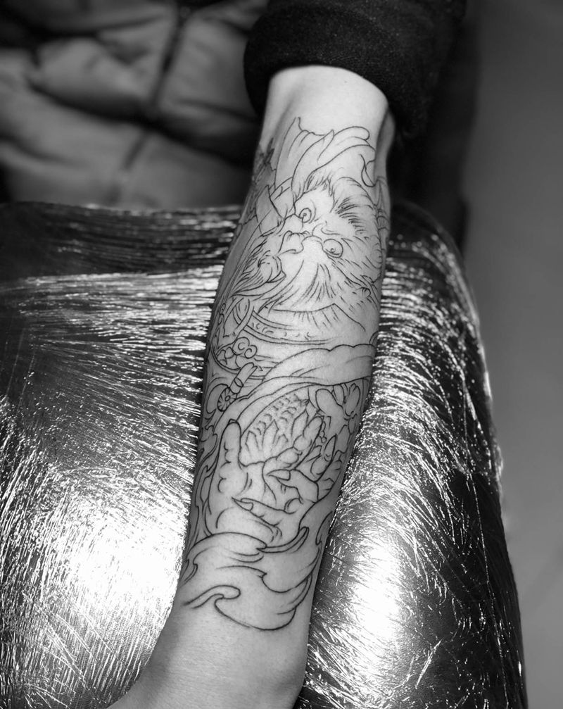 猴子 勾线纹身图片_手臂纹身图案