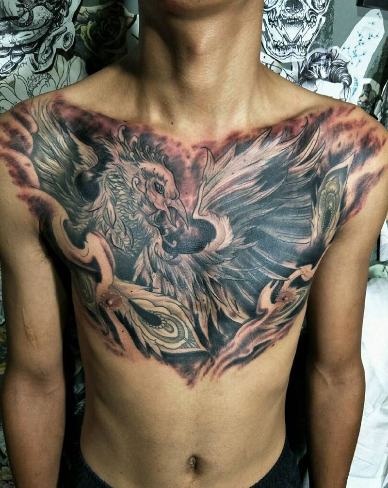 凤凰V胸遮盖失败纹身3次完成纹身图片