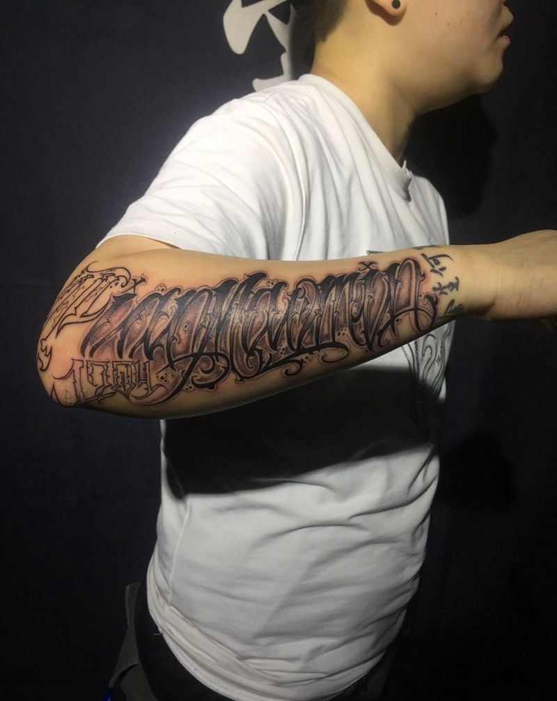 奇卡诺花体纹身图片_成品手稿手臂欧美几何字符原创纹身图案