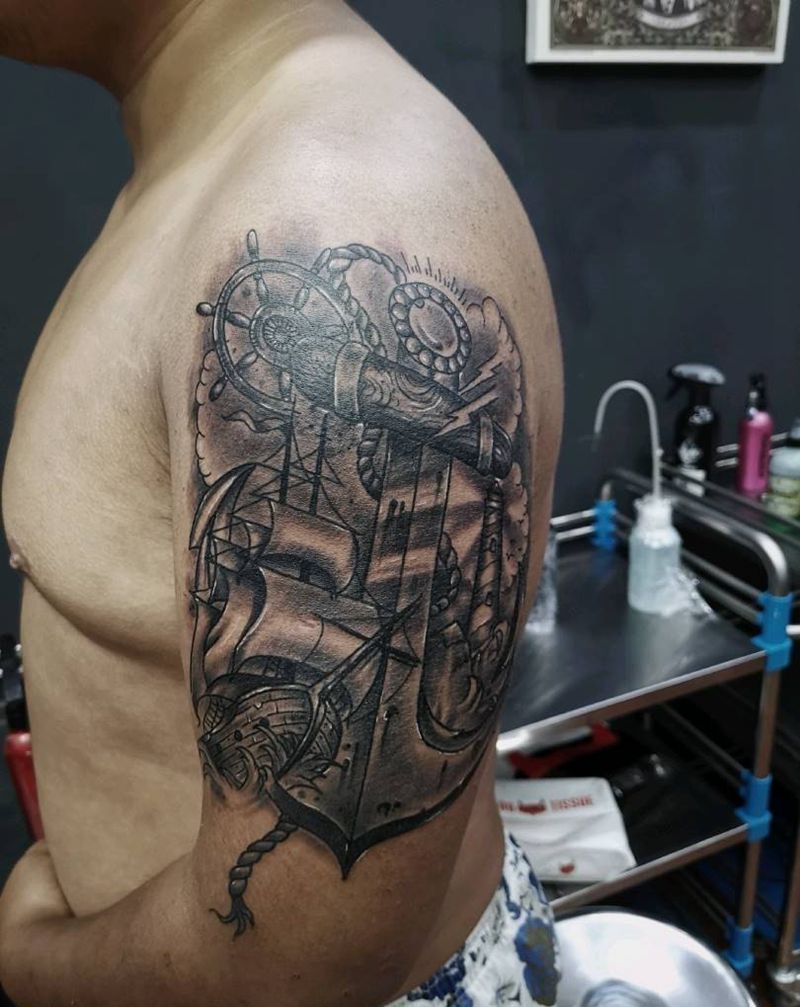 船锚纹身图片_欧美黑灰纹身图案