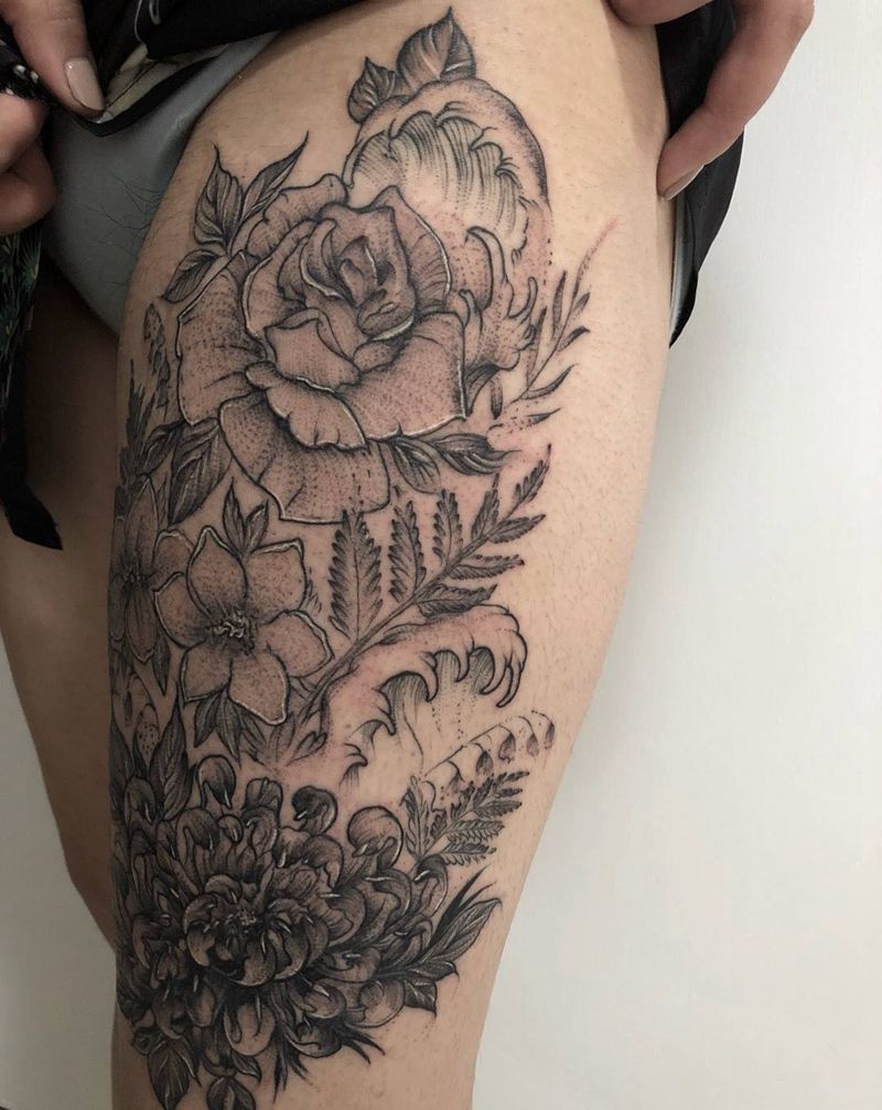 花纹身图片_成品腿部传统植物纹身图案