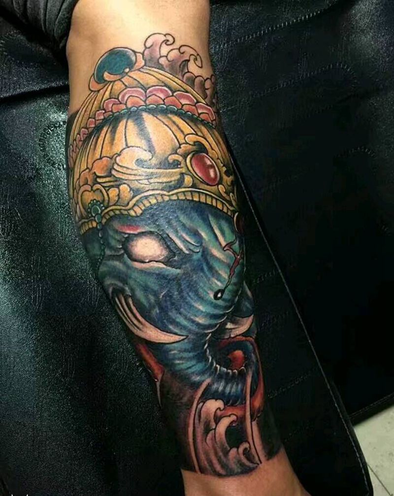 象神纹身图片_腿部传统动物成品纹身图案