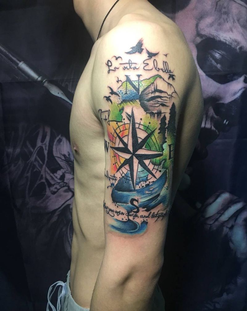 水彩指南针纹身图片