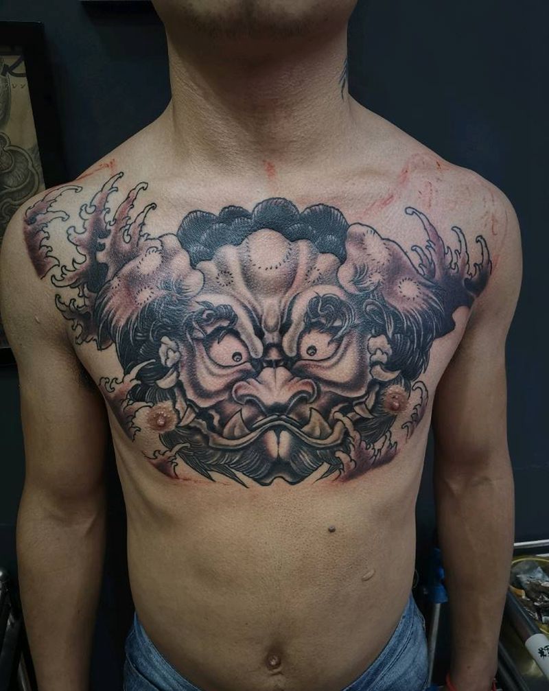 花胸唐狮纹身图片_新传统纹身图案