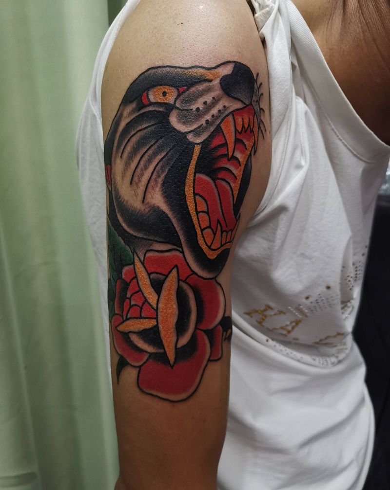 黑豹纹身图片_Old School纹身图案