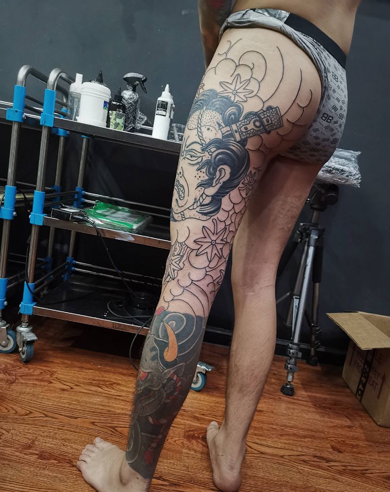 老传统花腿未完成纹身图片_老传统纹身图案