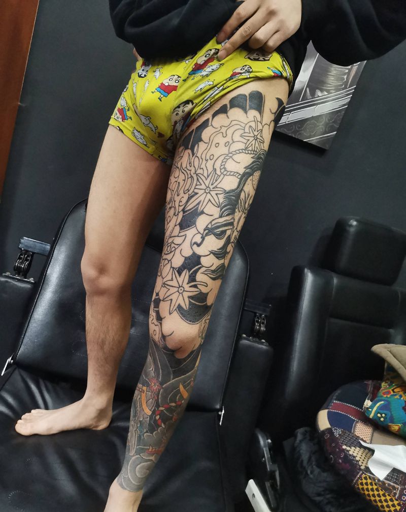 老传统花腿未完成纹身图片_老传统纹身图案