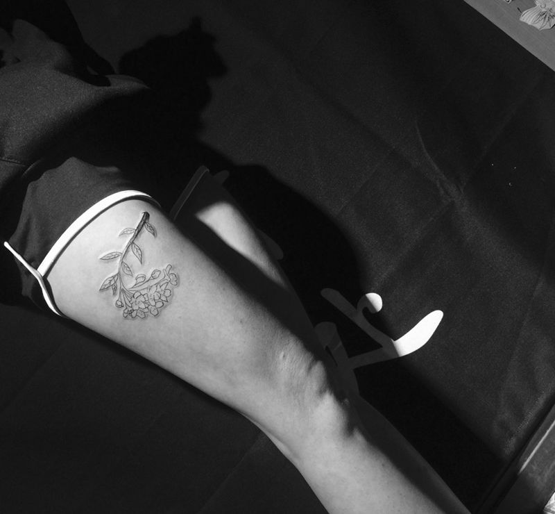 美女大腿伤疤遮盖纹身图片_成品腿部清新植物纹身图案