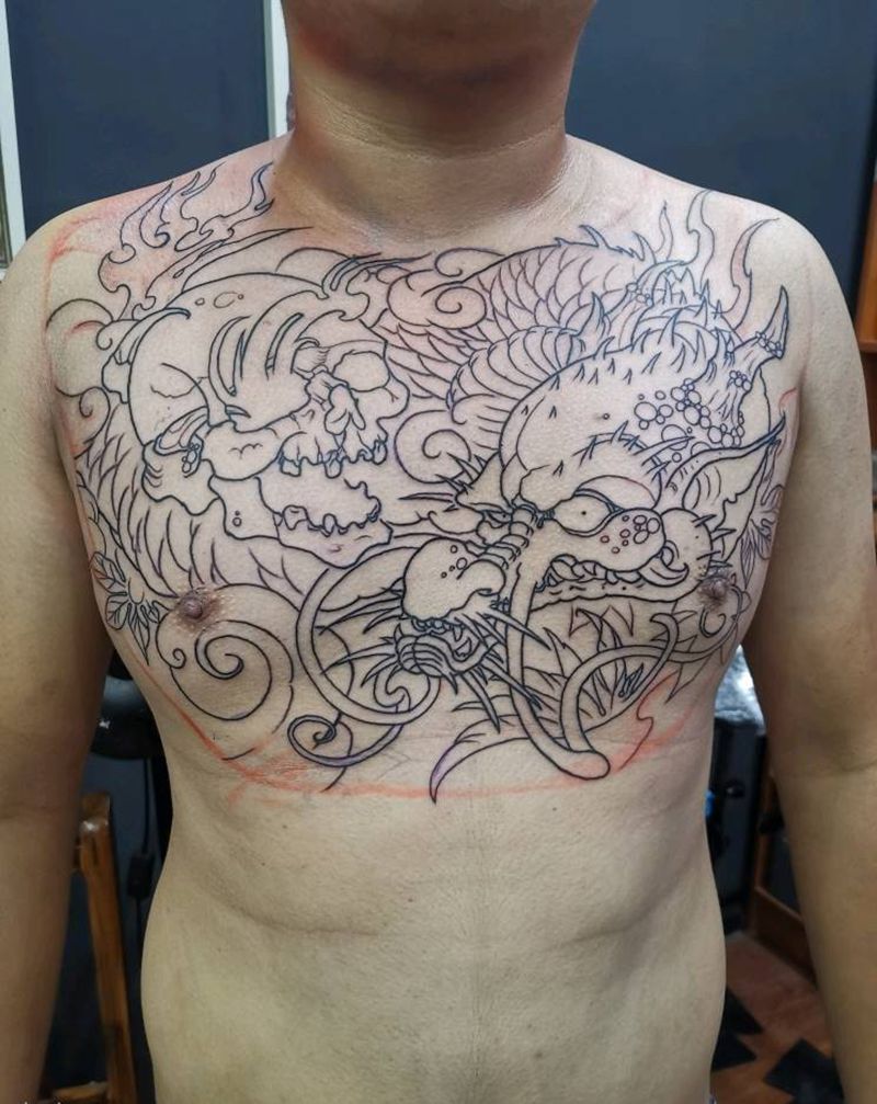 花胸龙未完成纹身图片_新传统纹身图案