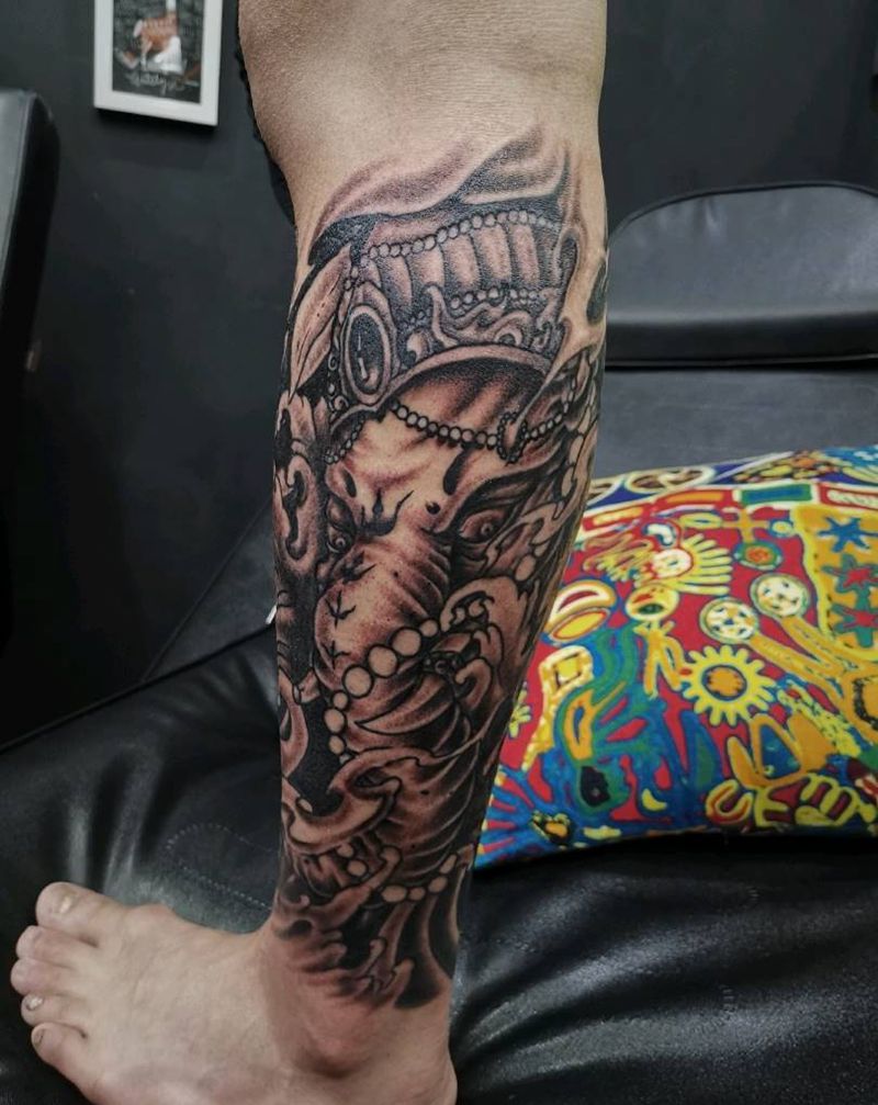 象神未完成下次继续纹身图片_新传统纹身图案