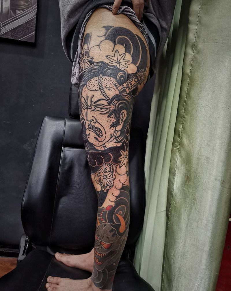 老传统花腿未完成纹身图片_老传统纹身图案