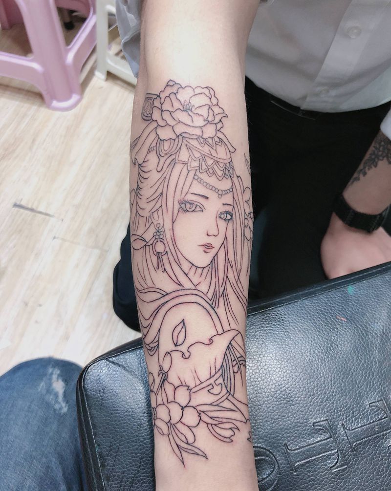 艺妓线条纹身图片_手部手臂新传统艺妓纹身图案