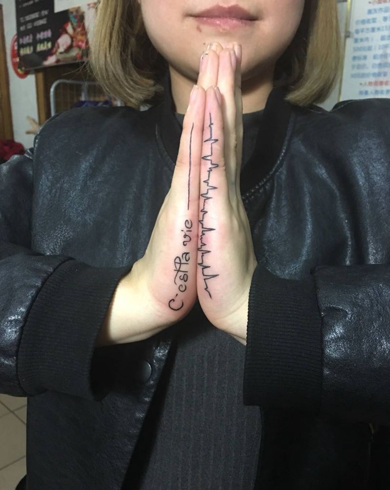 英文＋心电图纹身图片_成品手部清新字符几何原创纹身图案