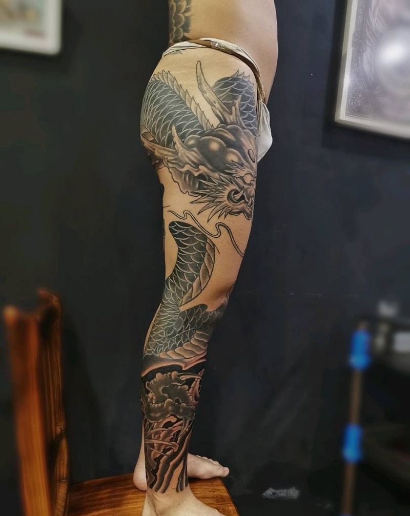 花腿龙未完成纹身图片_新传统纹身图案