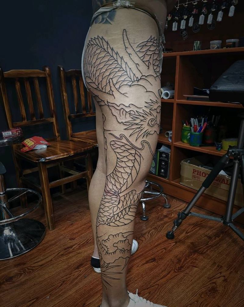 花腿盘龙未完成纹身图片_新传统纹身图案