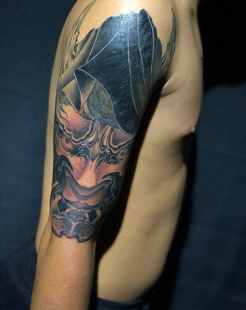 遮盖作品纹身图片_肩部手臂新传统遮盖般若纹身图案