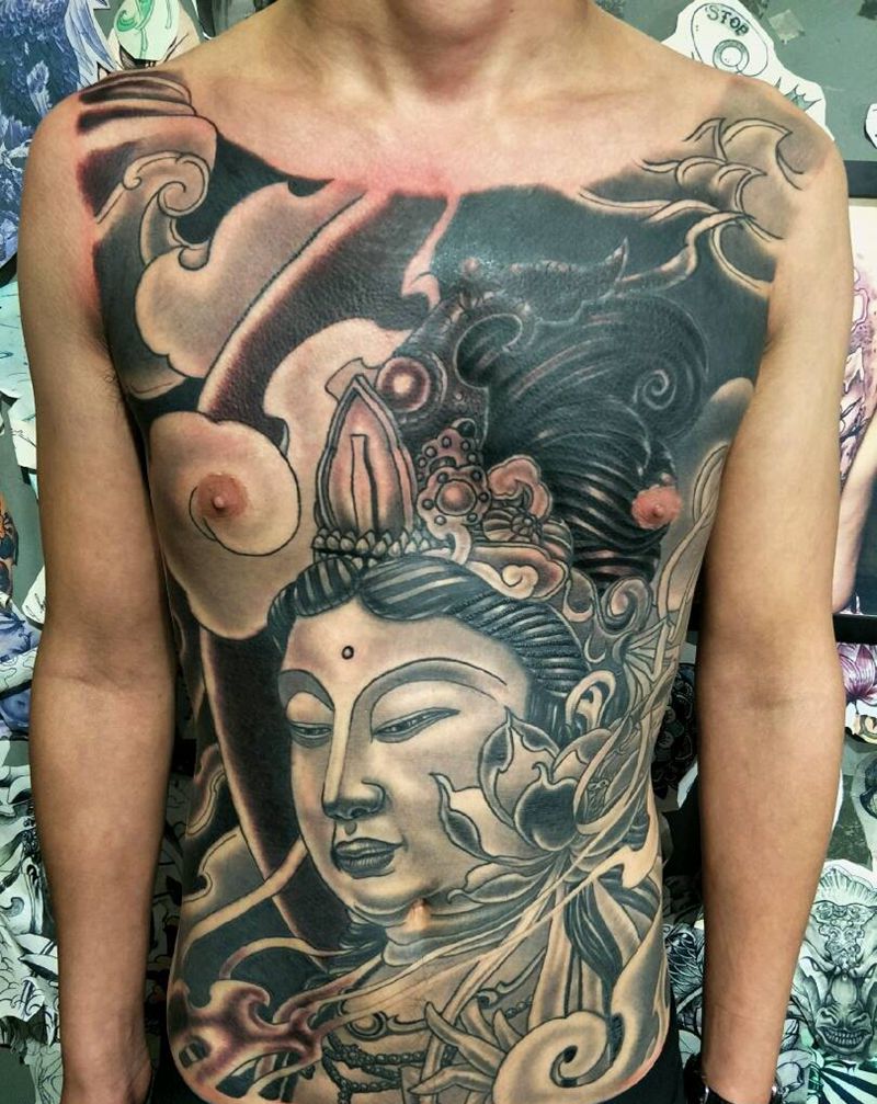 遮盖完成，满肚子观音，恢复修补纹身图片