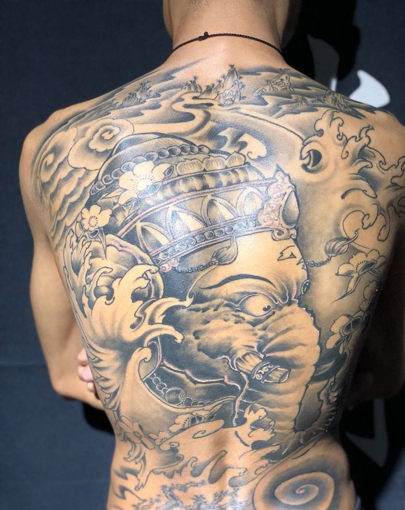 满背象神纹身图片_成品背部传统鬼神宗教纹身图案
