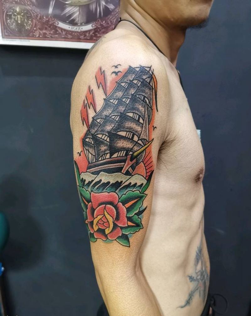 一帆风顺纹身图片_Old School纹身图案