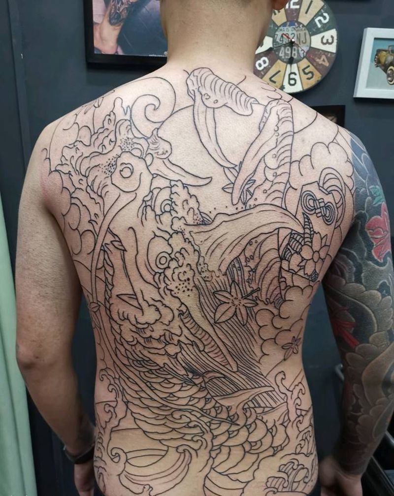 满背未完成纹身图片_老传统纹身图案