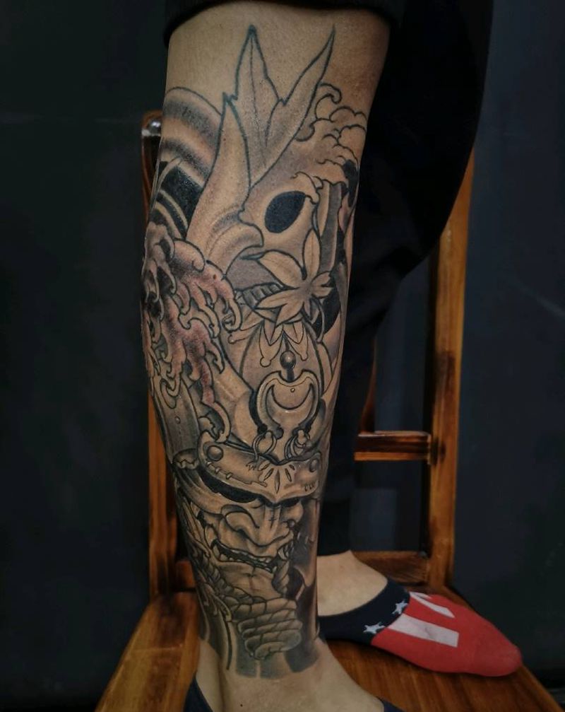 鬼武包小腿纹身图片_新传统纹身图案