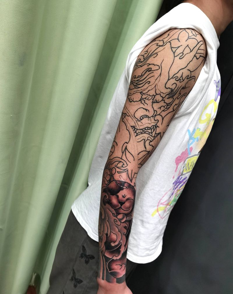 新传统花臂未完纹身图片_手臂新传统纹身图案