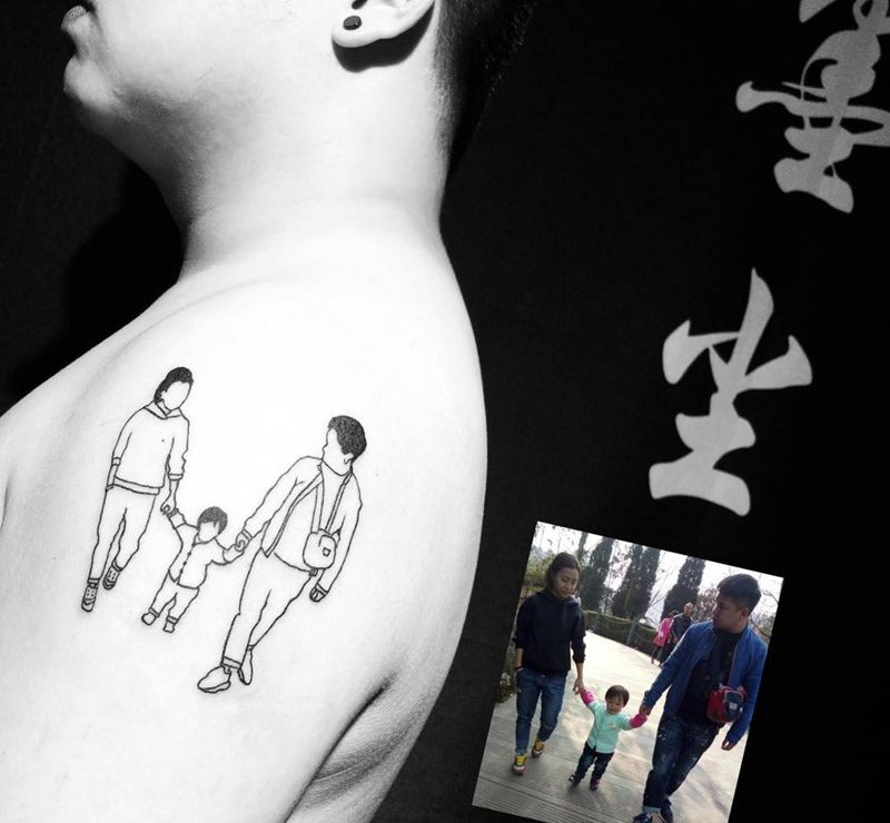 纪念家人简笔画纹身图片_肩部手臂几何原创纹身图案