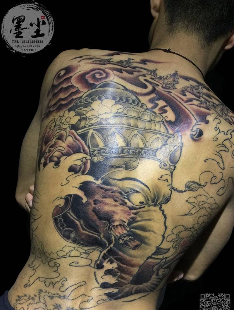 满背象神 未完纹身图片_成品背部传统动物鬼神纹身图案
