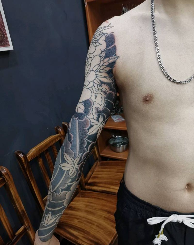 老传统花臂未完成纹身图片_老传统纹身图案