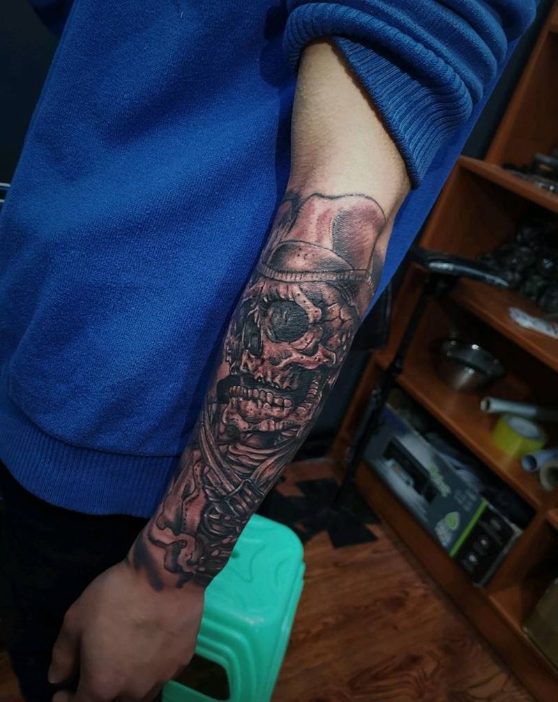 骷髅完成纹身图片_欧美黑灰纹身图案