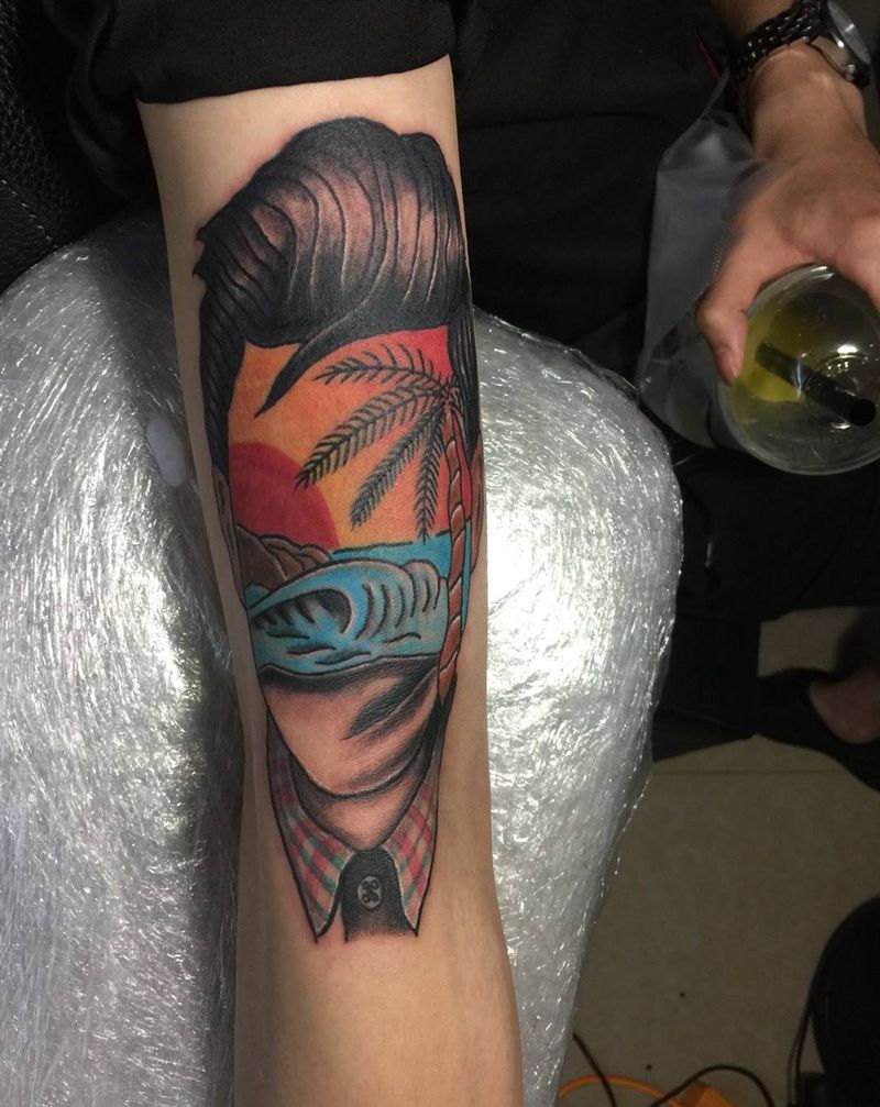 人脸 海浪 朝阳 椰树纹身图片