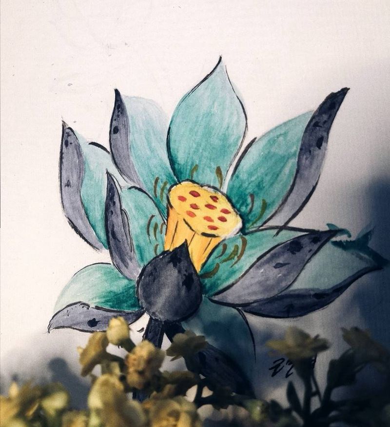 水彩荷花纹身图片_背部腿部水彩荷花原创纹身图案