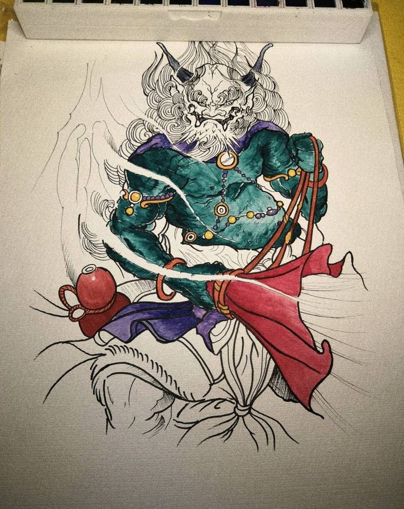 风神纹身图片_新传统风神  水彩纹身图案