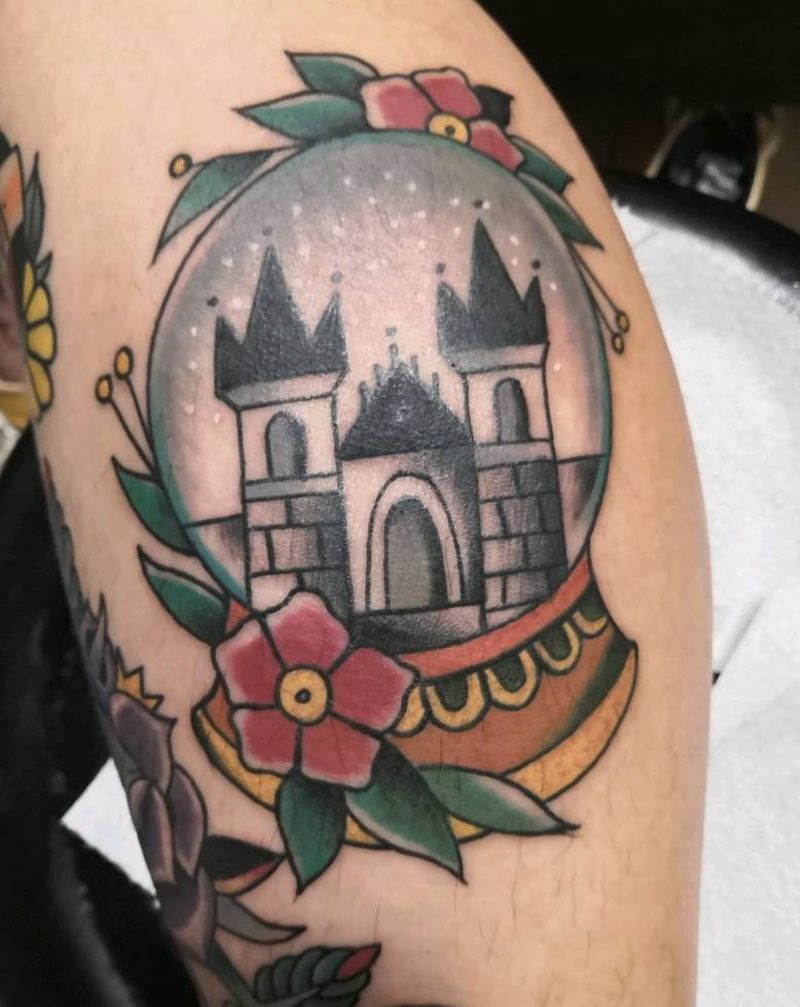 城堡纹身图片_腿部脚部Old School城堡纹身图案