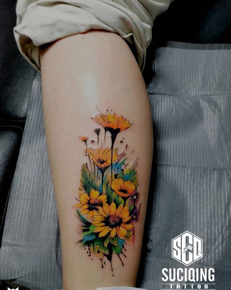 向日葵纹身图片_腿部脚部新传统水墨纹身图案