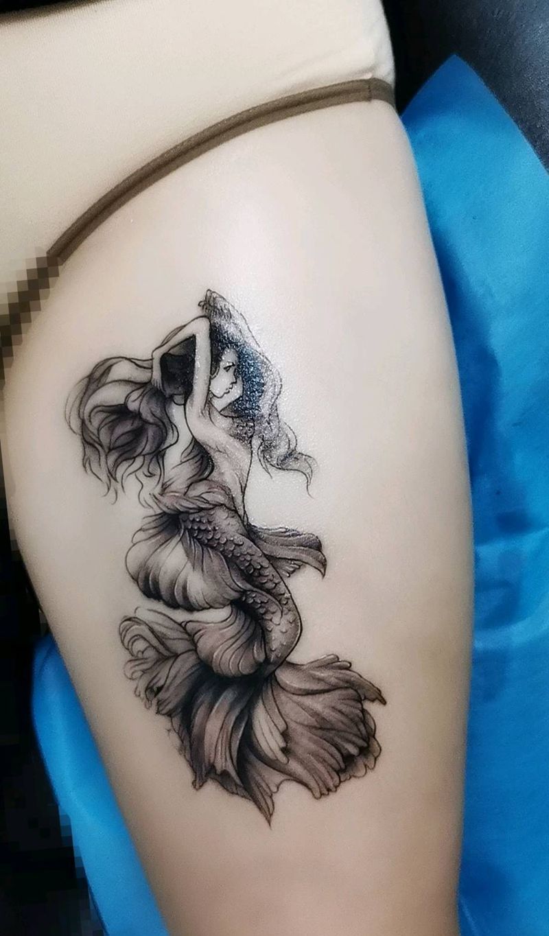 大腿 美人鱼纹身图片_腿部手臂新传统欧美写实纹身图案