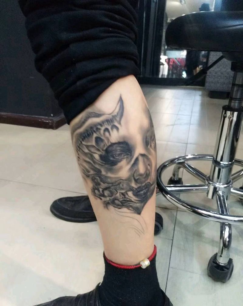 写实，未完成纹身图片_腿部欧美写实纹身图案