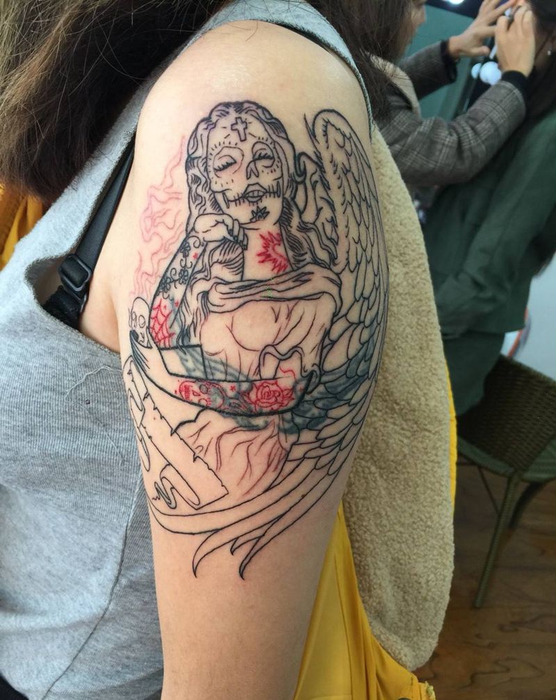 未完成女女纹身图片_成品手臂欧美人物纹身图案