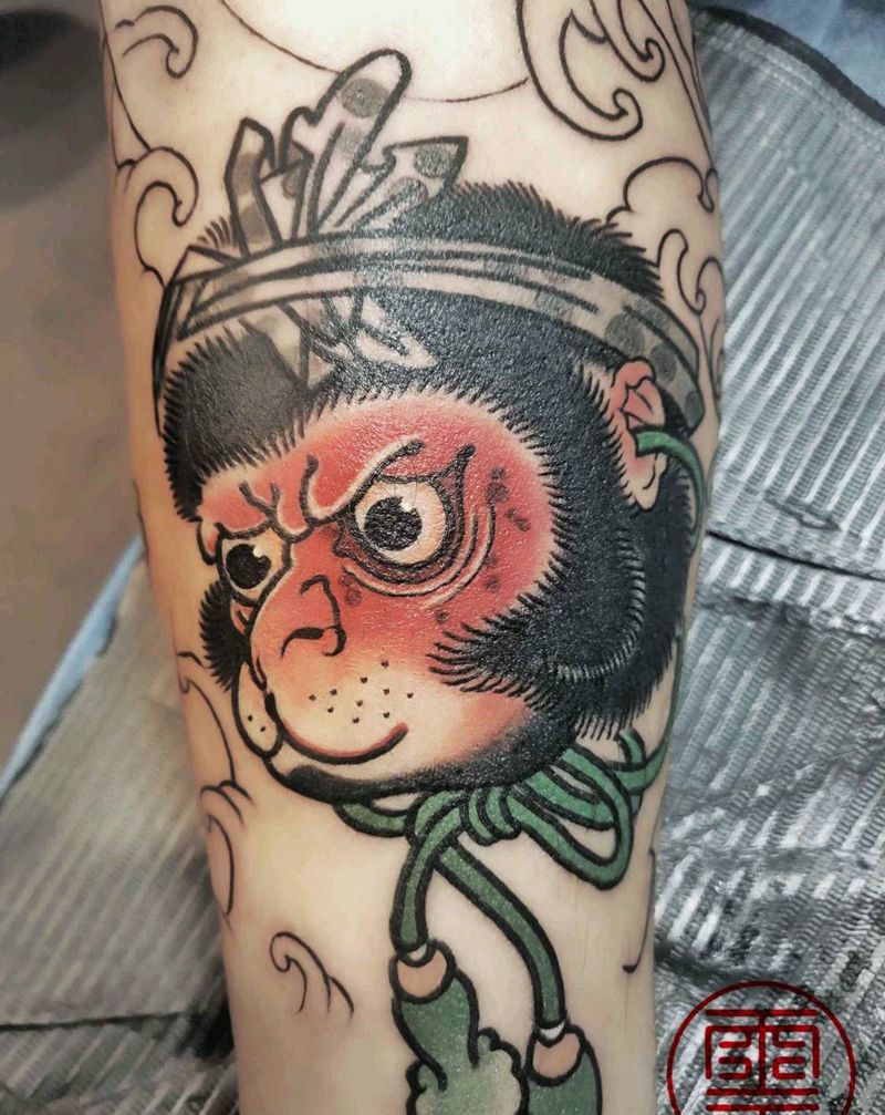 老传统猴子纹身图片_腿部老传统水彩纹身图案