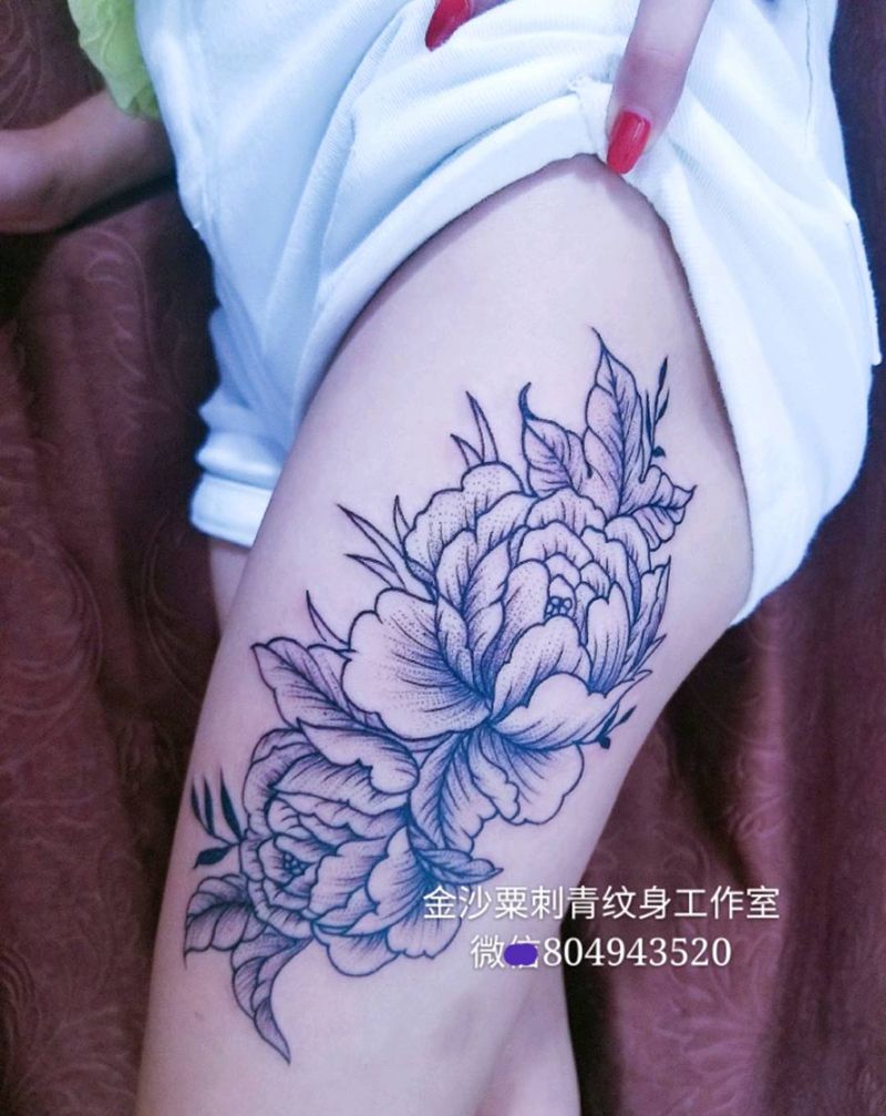 牡丹纹身图片_腿部传统原创纹身图案