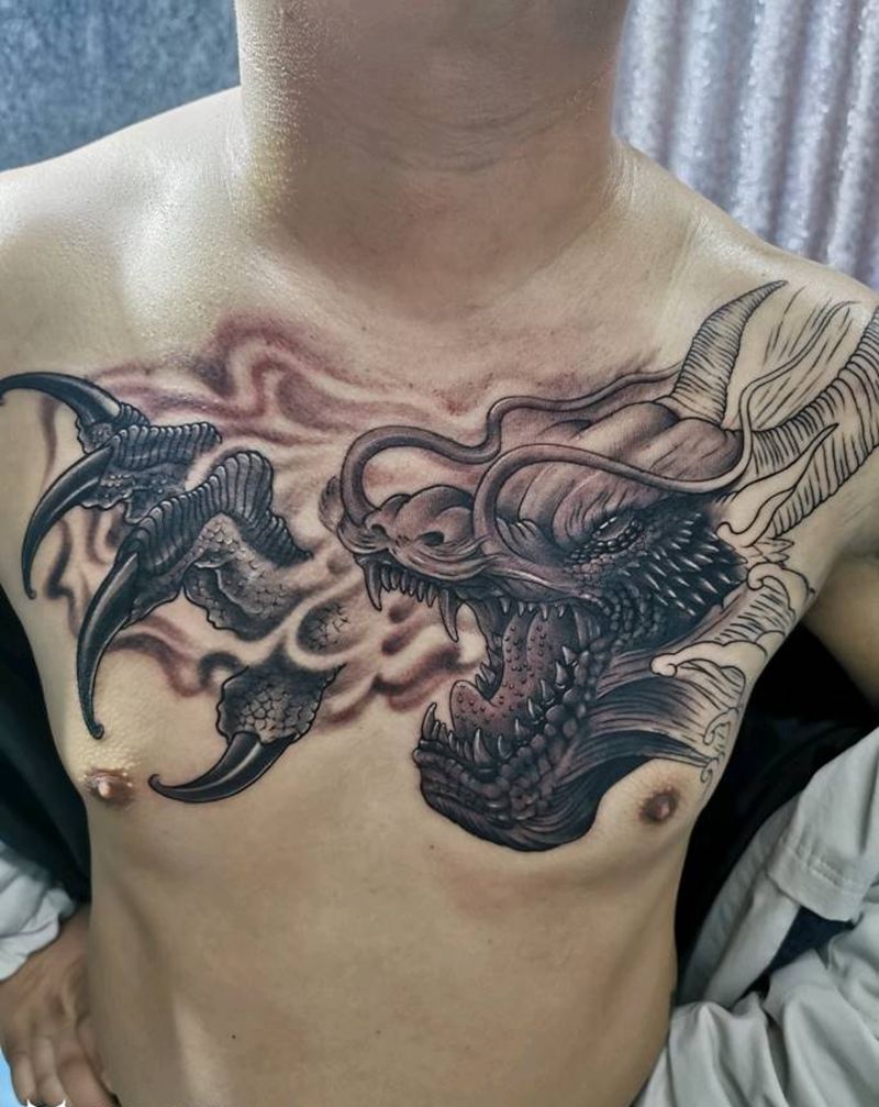 过肩龙纹身图片_胸部老传统纹身图案