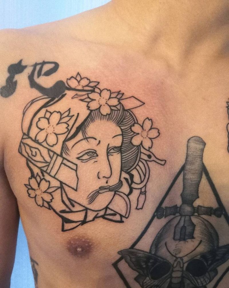 日式添加纹身图片_胸部新传统纹身图案