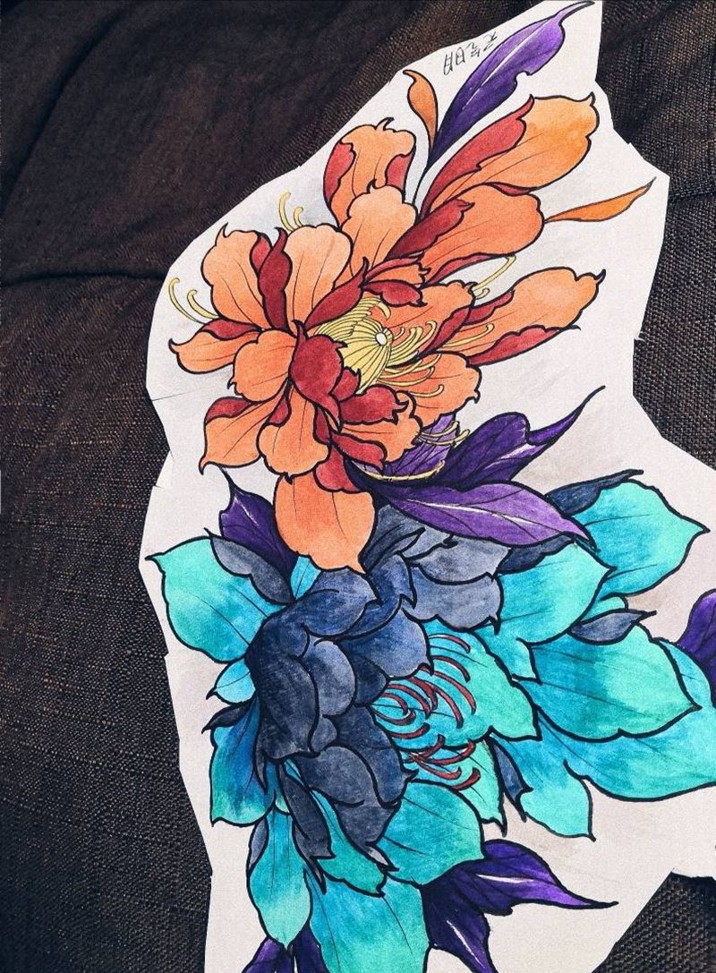 牡丹纹身图片_腿部腰部新传统New School牡丹重彩纹身图案