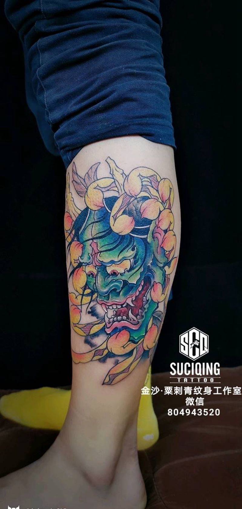 般若纹身图片_腿部老传统纹身图案