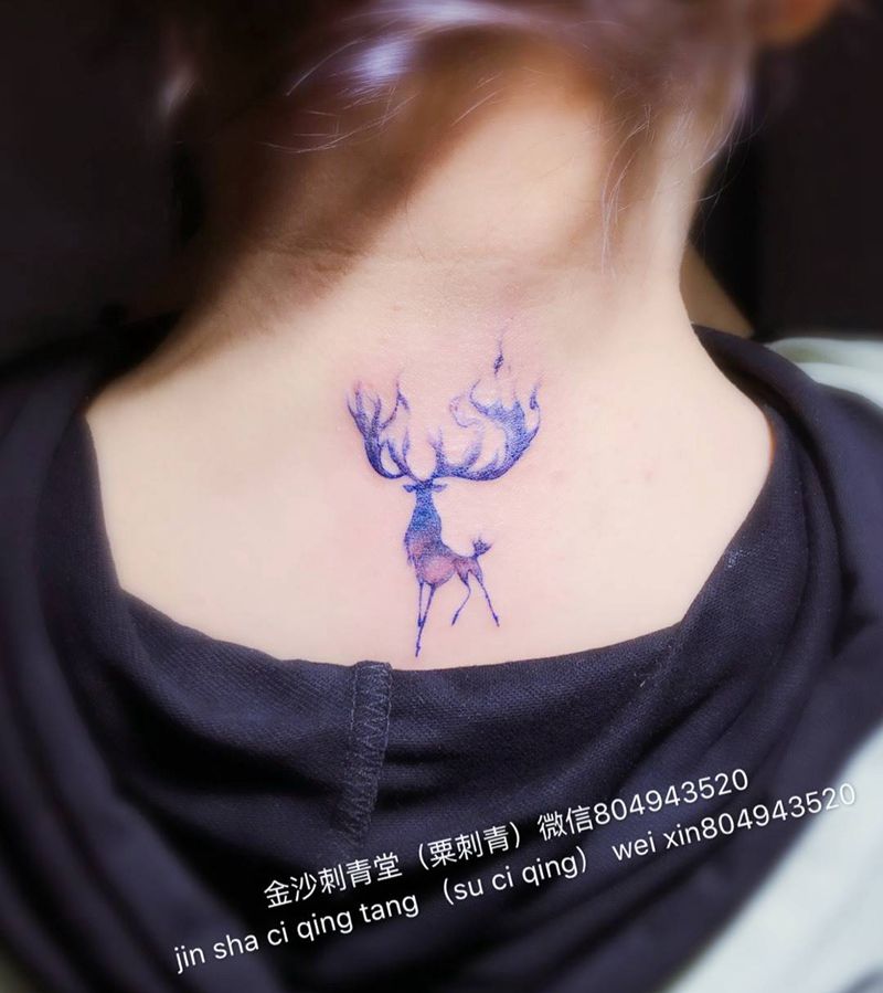 鹿纹身图片_成品颈部原创国画纹身图案