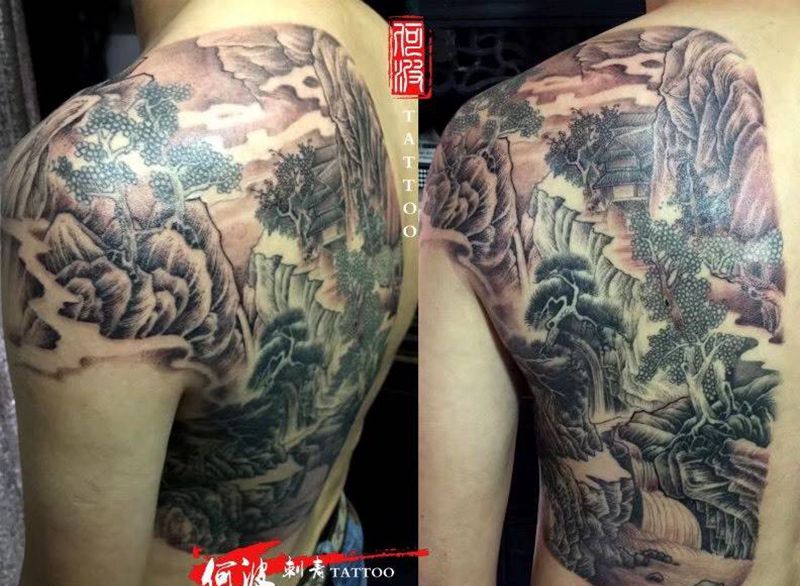 山水背.意境纹身图片