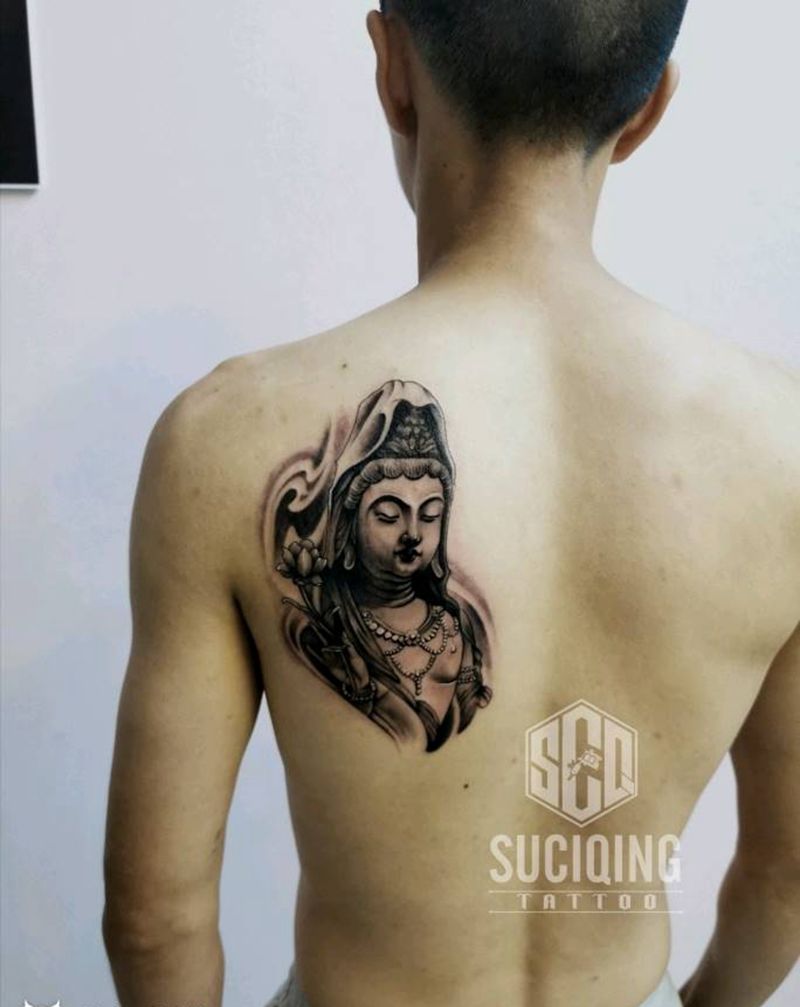观音菩提纹身图片_背部老传统佛系写实纹身图案